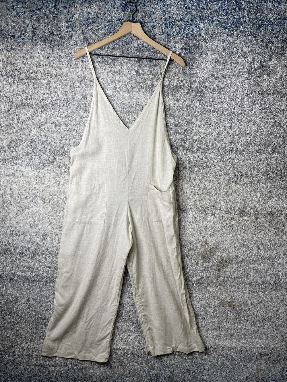 Omnia Coba Jumpsuit Womens Medium Beige Linen Wide Leg Sleeveless Boho New